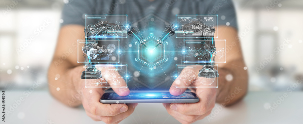 Poster businessman using robotics arms with digital screen 3d rendering