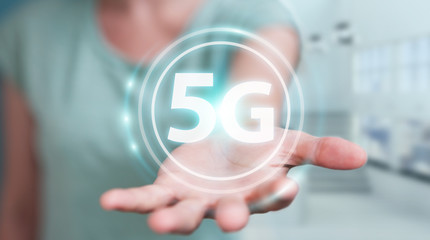 Businesswoman using 5G network interface 3D rendering
