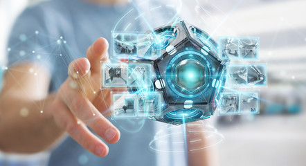 Businessman using futuristic drone security camera 3D rendering