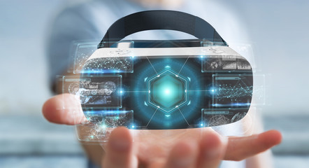 Businessman using virtual reality glasses technology 3D rendering