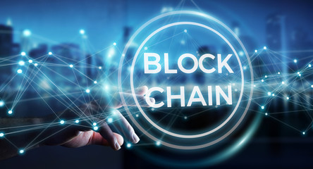 Businessman using blockchain cryptocurrency interface 3D rendering