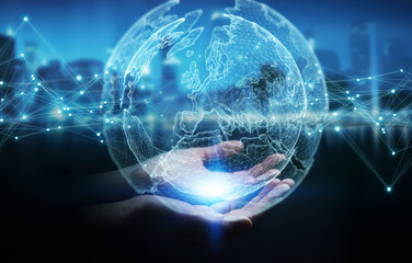 Businesswoman using planet earth network sphere 3D rendering