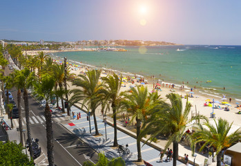 View of Salou Platja Llarga Beach in Spain during sunny day - obrazy, fototapety, plakaty
