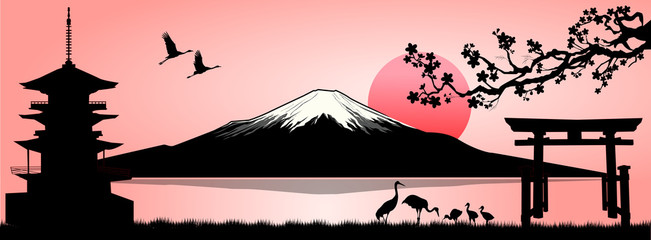 Landscape, Mount Fuji. Silhouette Fuji mountain at sunset. Mount Fuji on a pink background