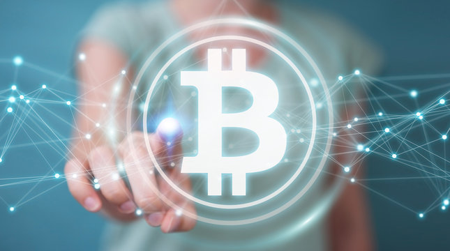 Businesswoman using bitcoins cryptocurrency 3D rendering