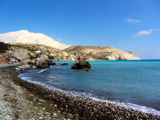 Love beach. Aphrodite's Rock - Aphrodite's birthplace near Paphos City. The rock of the Greek (Petra tou Romiou). Cyprus island