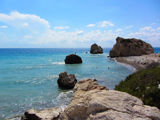 Love beach. Aphrodite's Rock - Aphrodite's birthplace near Paphos City. The rock of the Greek (Petra tou Romiou). Cyprus island