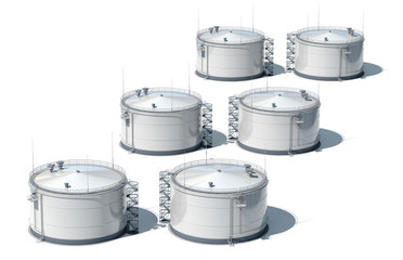 3d illustration of the oil storage. Six tanks are located on a white background in perspective. 3D...