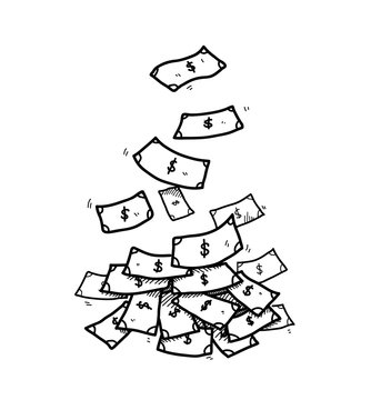 Dollar Bill Money Falling Down One by One to the Ground, a hand drawn vector cartoon doodle illustration of money rain.