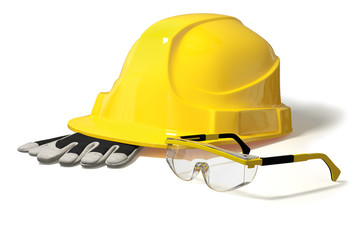 3d illustration construction helmet, working gloves, safety glasses. Isolated. Yellow and Black. 3d modeling