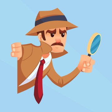 Noir detective with magnifying glass peeking out the corner cartoon flat design vector illustration