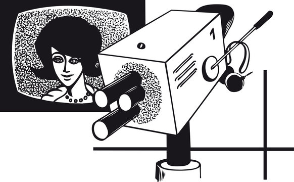 Television spokeswoman with camera, Retro Vector Illustration