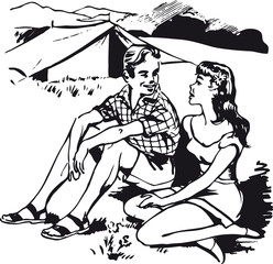 Young couple in front of the tent, Retro Vector Illustration