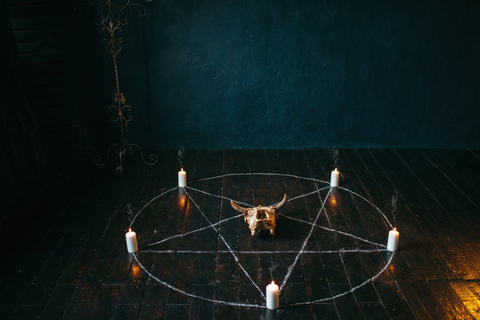 Pentagram Circle With Candles On Wooden Floor