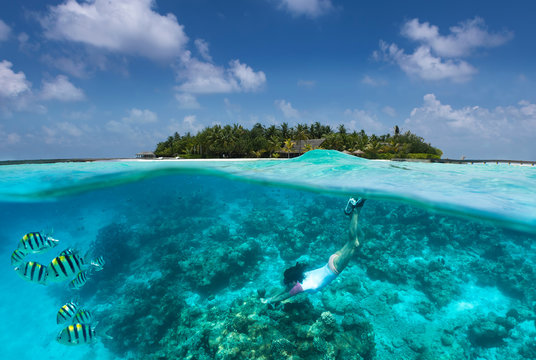 Frau schnorchelt über Korallen und tropischen Fischen vor einer Insel auf den Malediven