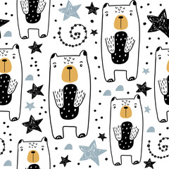 Fototapety  Seamless childish pattern with hand drawn cute bears and stars. Creative kids texture for fabric, wrapping, textile, wallpaper, apparel. Vector illustration