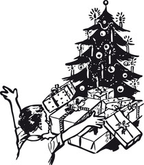 Cheering boy under christmas tree, Retro Vector Illustration