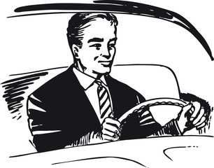 Man behind the wheel, Retro Vector Illustration