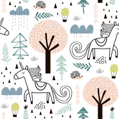 Seamless childish pattern with fairy unicorn, hedgehog in the wood. Creative kids city texture for fabric, wrapping, textile, wallpaper, apparel. Vector illustration © solodkayamari