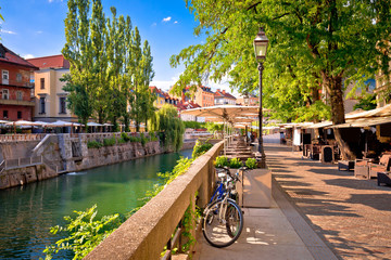 Ljubljana green riverfront promenade walkway summer view