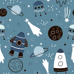 Foto op Plexiglas Kosmos Kinderachtig naadloos patroon met handgetekende ruimteelementen ruimte, raket, ster, planeet, ruimtesonde. Trendy kinderen vector achtergrond.