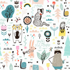 Seamless childish pattern with fairy flowers, bear,bunny, leopard, hedgehog.. Creative kids city texture for fabric, wrapping, textile, wallpaper, apparel. Vector illustration - obrazy, fototapety, plakaty