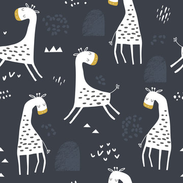 Seamless childish pattern with cute giraffe and hand drawn shapes. Creative kids texture for fabric, wrapping, textile, wallpaper, apparel. Vector illustration