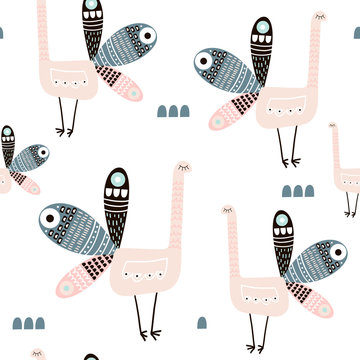 Seamless pattern with creative peacocks. Creative scandinavian modern texture for fabric, wrapping, textile, wallpaper, apparel. Vector illustration