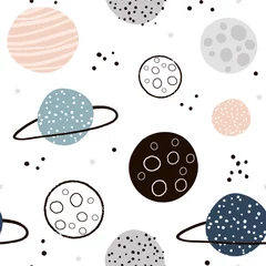 Gordijnen Kinderachtig naadloos patroon met de hand getekende ruimte elementen ruimte, planeten. Trendy kinderen vector achtergrond. © solodkayamari