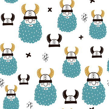Childish seamless pattern with vikings. Trendy scandinavian vector background. Perfect for kids apparel,fabric, textile, nursery decoration,wrapping paper