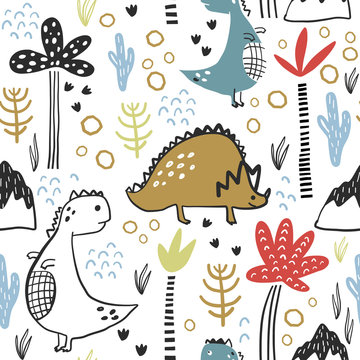 Childish seamless pattern with hand drawn dino, palm trees and dhand drawn shapes in scandinavian style. Creative vector childish background for fabric, textile