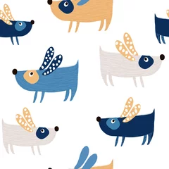 Photo sur Plexiglas Chiens Modèle sans couture avec des chiens mignons et des éléments dessinés à la main. Texture enfantine créative. Idéal pour le tissu, textile Vector Illustration