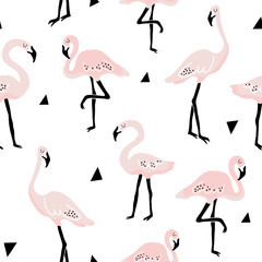Seamless pattern with flamingo and hand drawn shapes. Creative kids texture for fabric, wrapping, textile, wallpaper, apparel. Vector illustration © solodkayamari