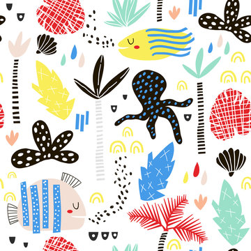 Seamless childish pattern with fish, octopust, palm tree, leaf and hand drawn shapes. Creative summer kids texture for fabric, wrapping, textile, wallpaper, apparel. Vector illustration