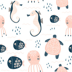 Seamless childish pattern with octopus, sea horse, fish,turtle.Creative under sea summer texture for fabric, wrapping, textile, wallpaper, apparel. Vector illustration © solodkayamari