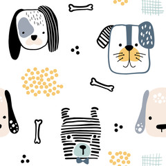 Nahtloses Muster mit niedlichen Hundegesichtern und handgezeichneten Elementen. Kreative kindliche Textur im skandinavischen Stil. Ideal für Stoff, Textil-Vektor-Illustration