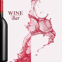 Advertising wine bar page,wine presentation brochure. Illustration of a dark bottle of red wine in photorealistic style. A realistic object on stylish background with splashes of wine and text .Vector