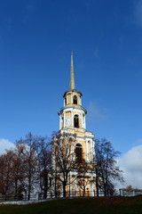 The bell tower of the Ryazan Kremlin in the background of the autumn sky.