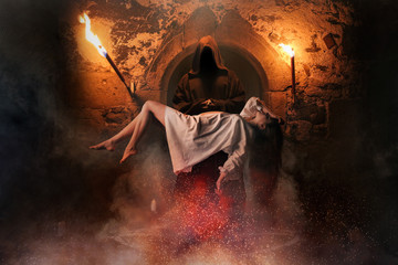 Man against woman flying over pentagram circle