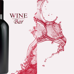 Advertising wine bar page,wine presentation brochure. Illustration of a dark bottle of red wine in photorealistic style. A realistic object on stylish background with splashes of wine and text .Vector