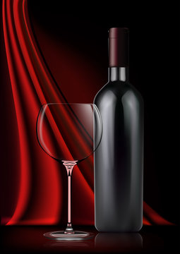 Vector image of a realistic bottle of red wine and a glass goblet in photorealistic style on a background of red dark silk fabric. 3d realism illustration