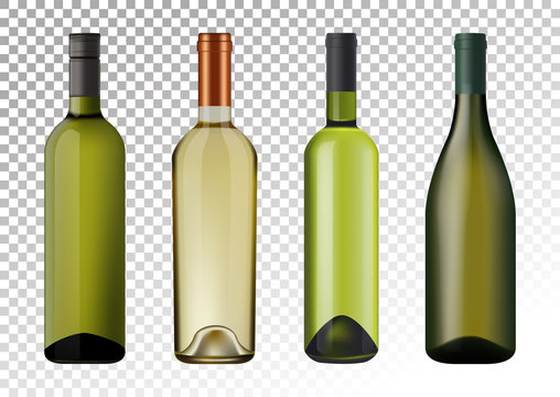 Vector illustration. Set of white wine bottles in photorealistic style. A realistic objects on a transparent background. 3D Realism.
