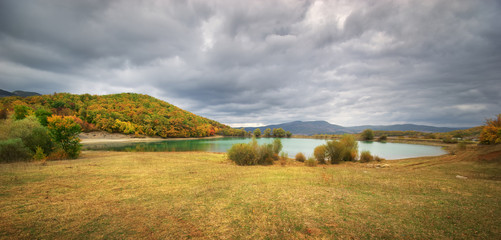 autumn hill and lake. Nature landscape