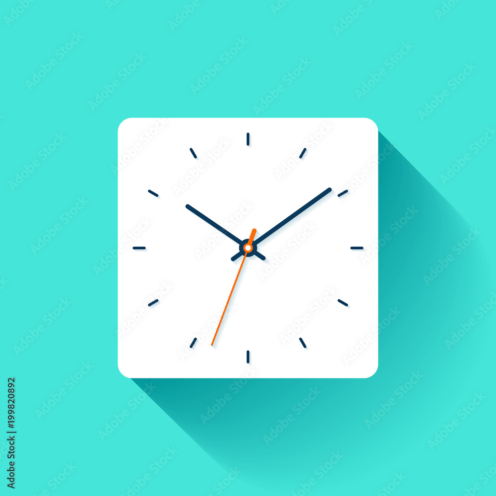 Poster clock icon in flat style, square timer on blue background. business watch. vector design element for