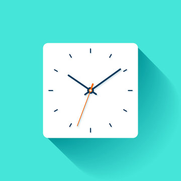 Clock icon in flat style, square timer on blue background. Business watch. Vector design element for you project