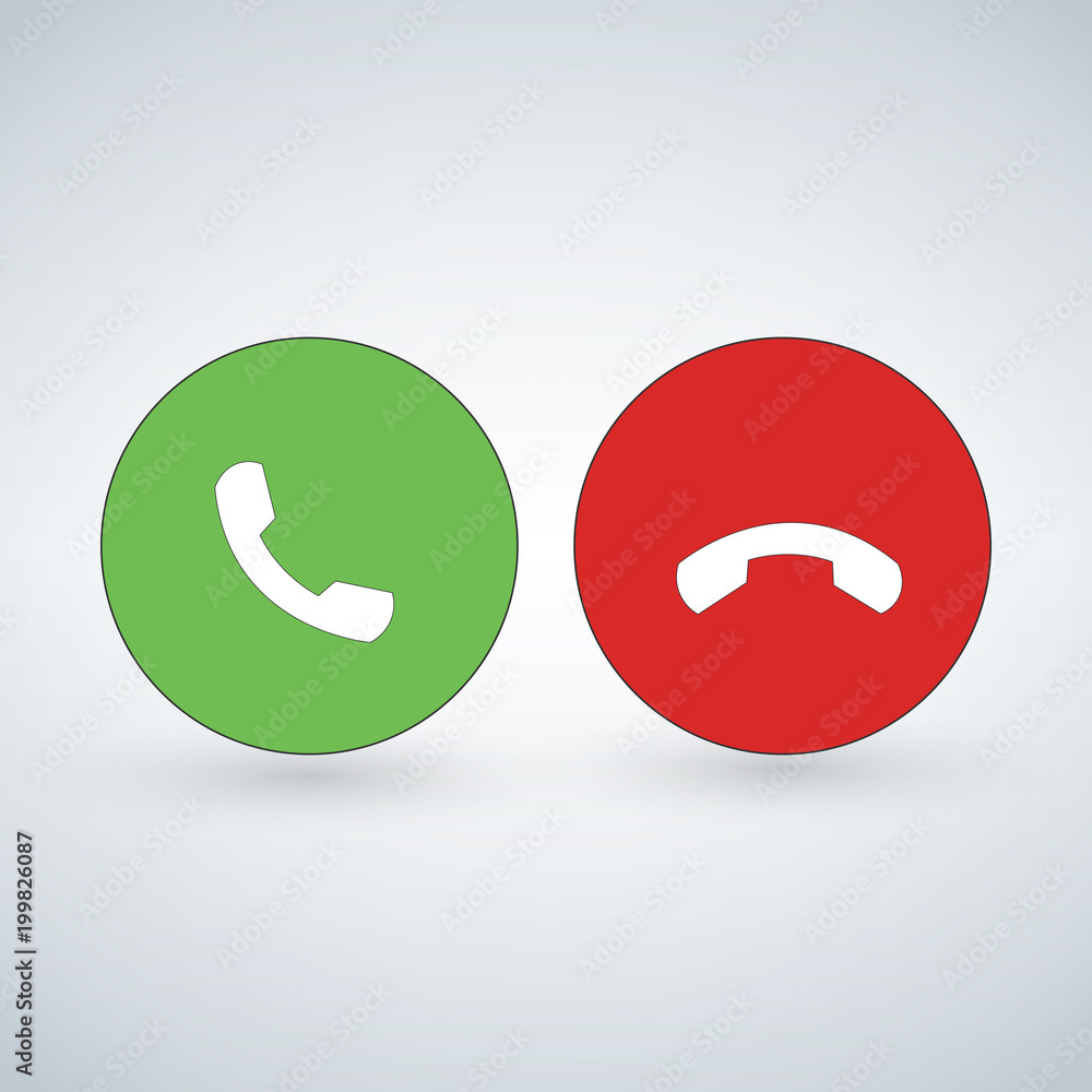 Poster phone call icon set with green call out button and red hang up button. modern flat design for websit