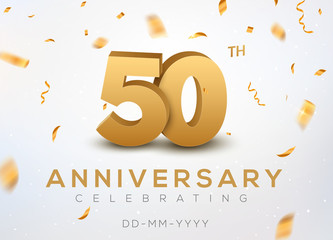 50 Anniversary gold numbers with golden confetti. Celebration 50th anniversary event party template