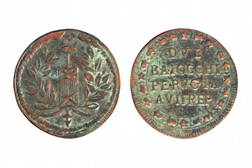 Two side of old brass Italian baiocchi coin from Perugia republic isolated on white.