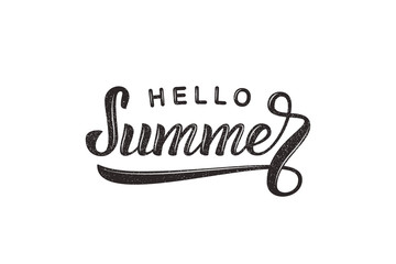 Vector realistic isolated lettering Hello Summer logo with vintage grunge texture logo for decoration and covering on the white background. Concept of Happy Summer holidays, vacation and relax.