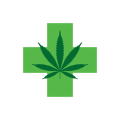 Marijuana leaf with Green Cross. Medical Cannabis. Icon Logo Template. Health and Medical therapy. Isolated vector illustration on white background.